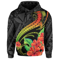 Hawaii Kanaka Map Shark Hibiscus Polynesian Hoodie Grey Morti Style - Polynesian Pride