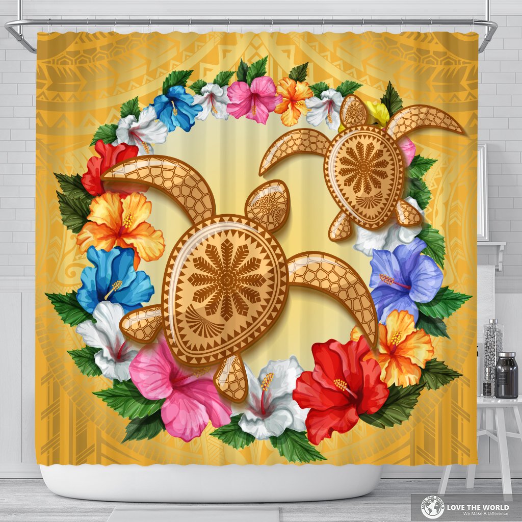 Hawaii Turtle Hibiscus Wreath Polynesian Shower Curtain - Crown Style - AH 177 x 172 (cm) Gold - Polynesian Pride