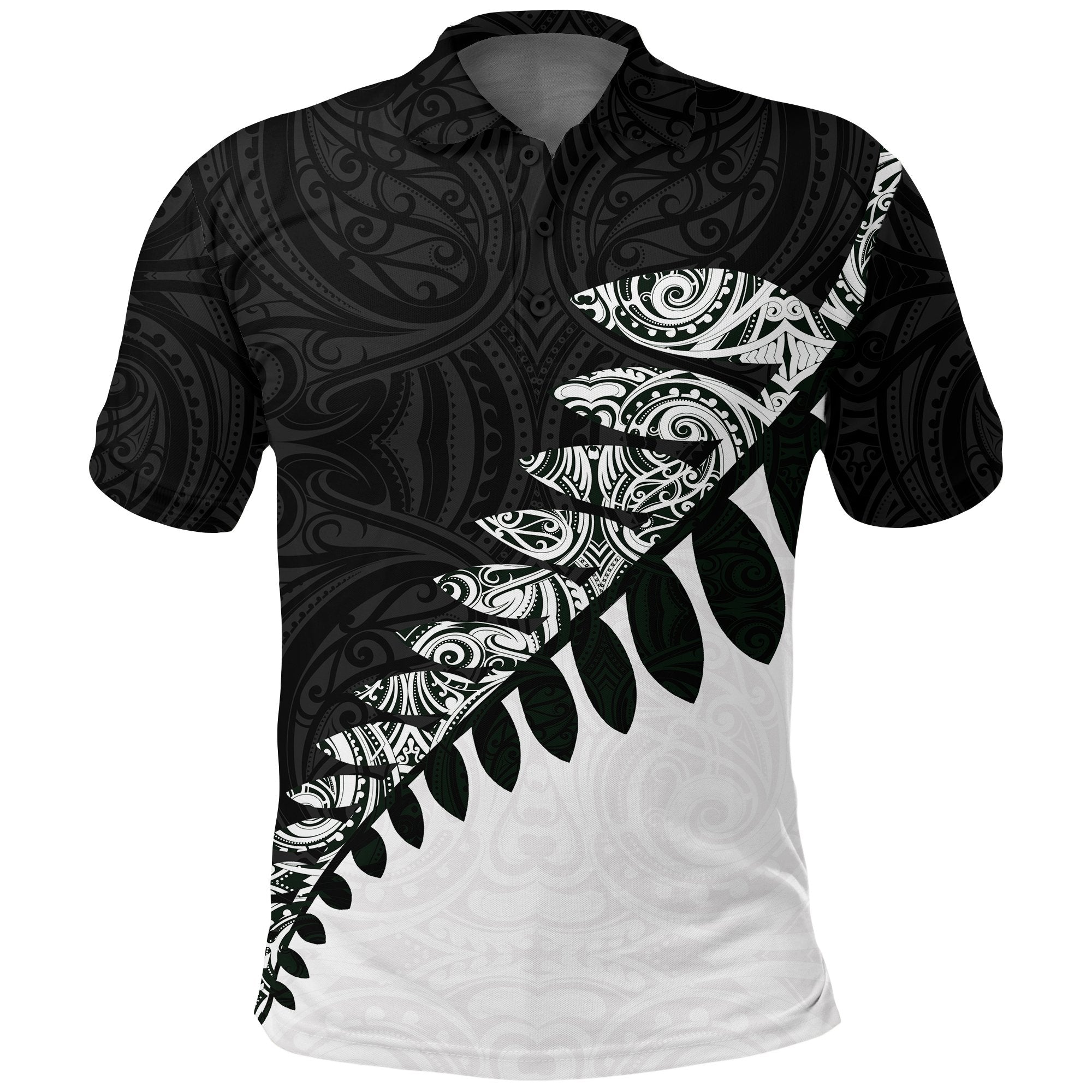 New Zealand Polo Shirt, Maori Silver Fern Black White Black - Polynesian Pride