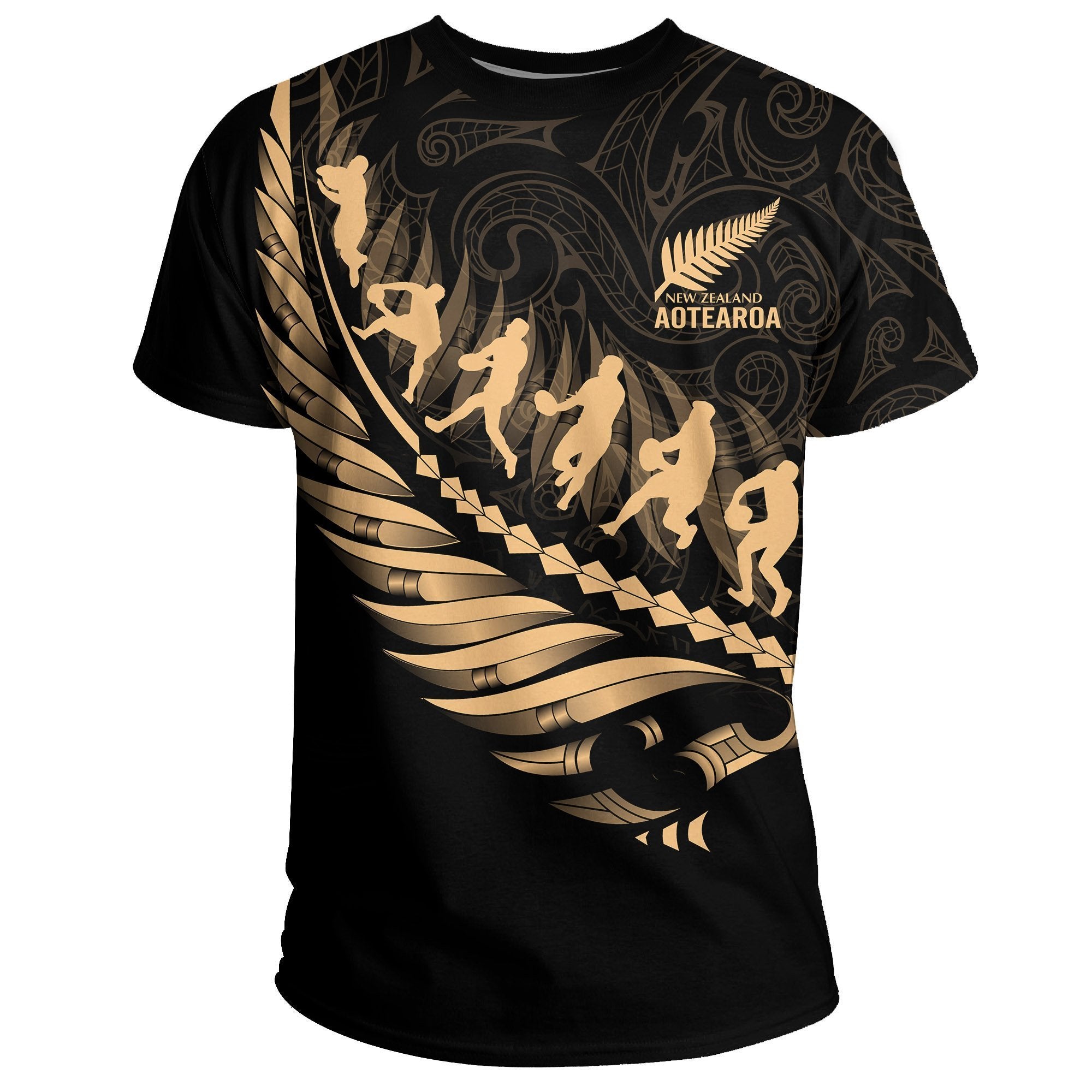 Aotearoa New Zealand T Shirt Maori Fern Rugby Unisex Black - Polynesian Pride