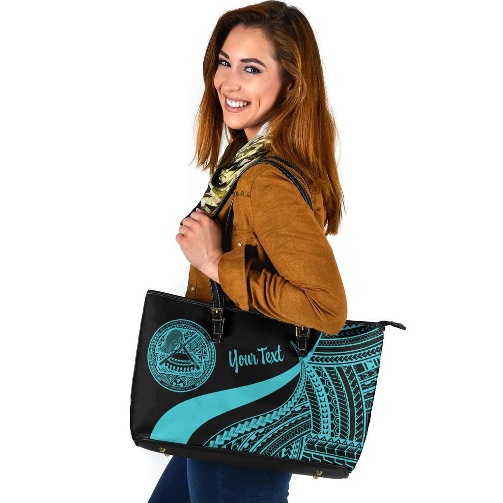 American Samoa Custom Personalised Large Leather Tote Bag - Turquoise Polynesian Tentacle Tribal Pattern Turquoise - Polynesian Pride