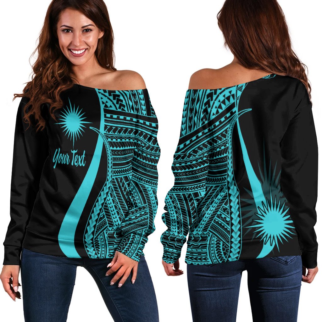 Marshall Islands Custom Personalised Women's Off Shoulder Sweater - Turquoise Polynesian Tentacle Tribal Pattern Turquoise - Polynesian Pride