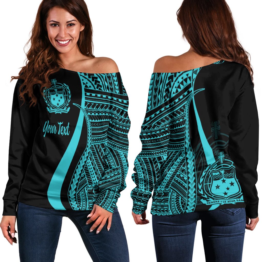 Samoa Custom Personalised Women's Off Shoulder Sweater - Turquoise Polynesian Tentacle Tribal Pattern Turquoise - Polynesian Pride