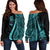 Tuvalu Women's Off Shoulder Sweater - Turquoise Polynesian Tentacle Tribal Pattern Turquoise - Polynesian Pride