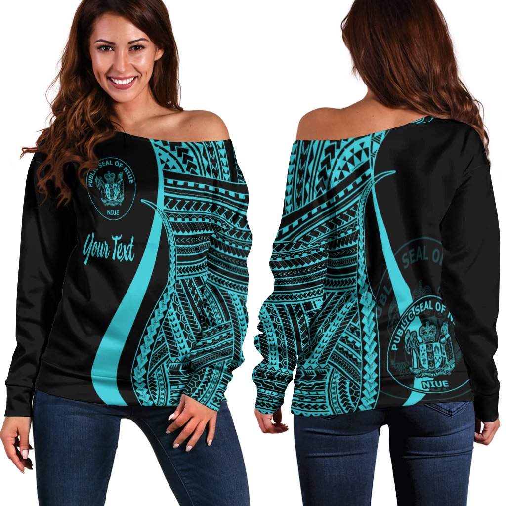 Niue Custom Personalised Women's Off Shoulder Sweater - Turquoise Polynesian Tentacle Tribal Pattern Turquoise - Polynesian Pride