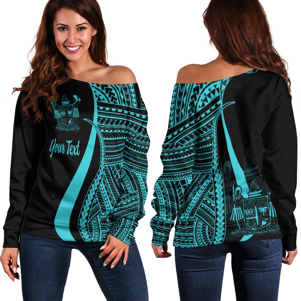 Fiji Custom Personalised Women's Off Shoulder Sweater - Turquoise Polynesian Tentacle Tribal Pattern Crest Turquoise - Polynesian Pride