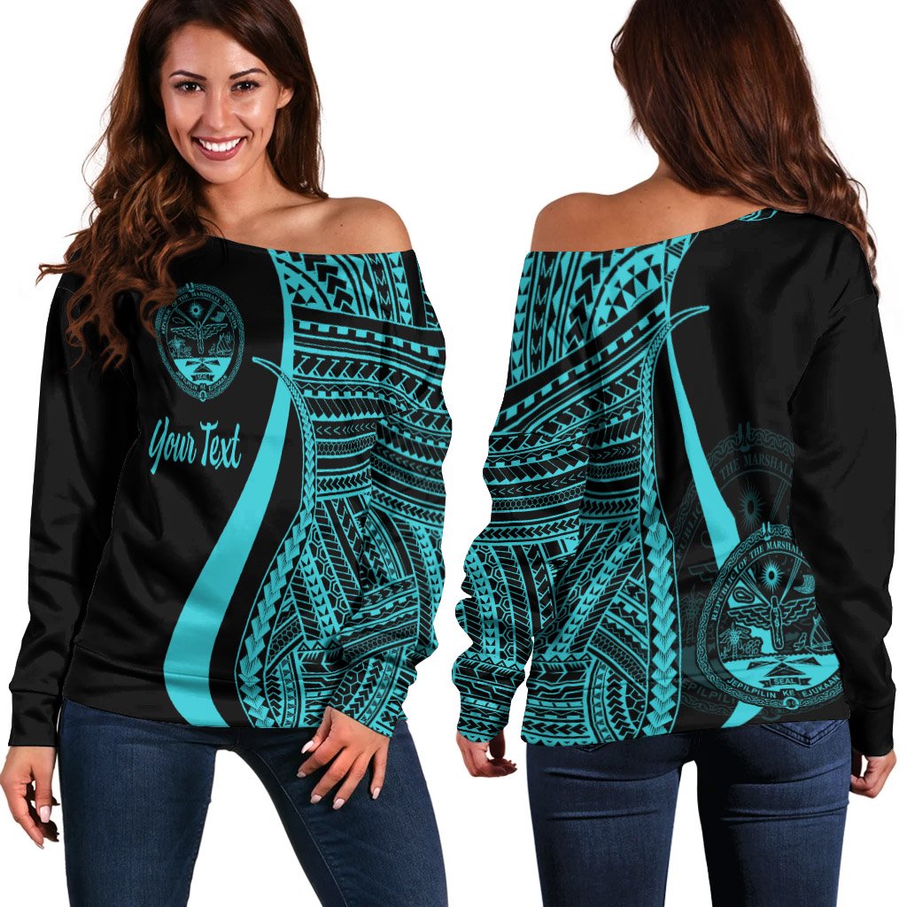 Marshall Islands Custom Personalised Women's Off Shoulder Sweater - Turquoise Polynesian Tentacle Tribal Pattern Crest Turquoise - Polynesian Pride