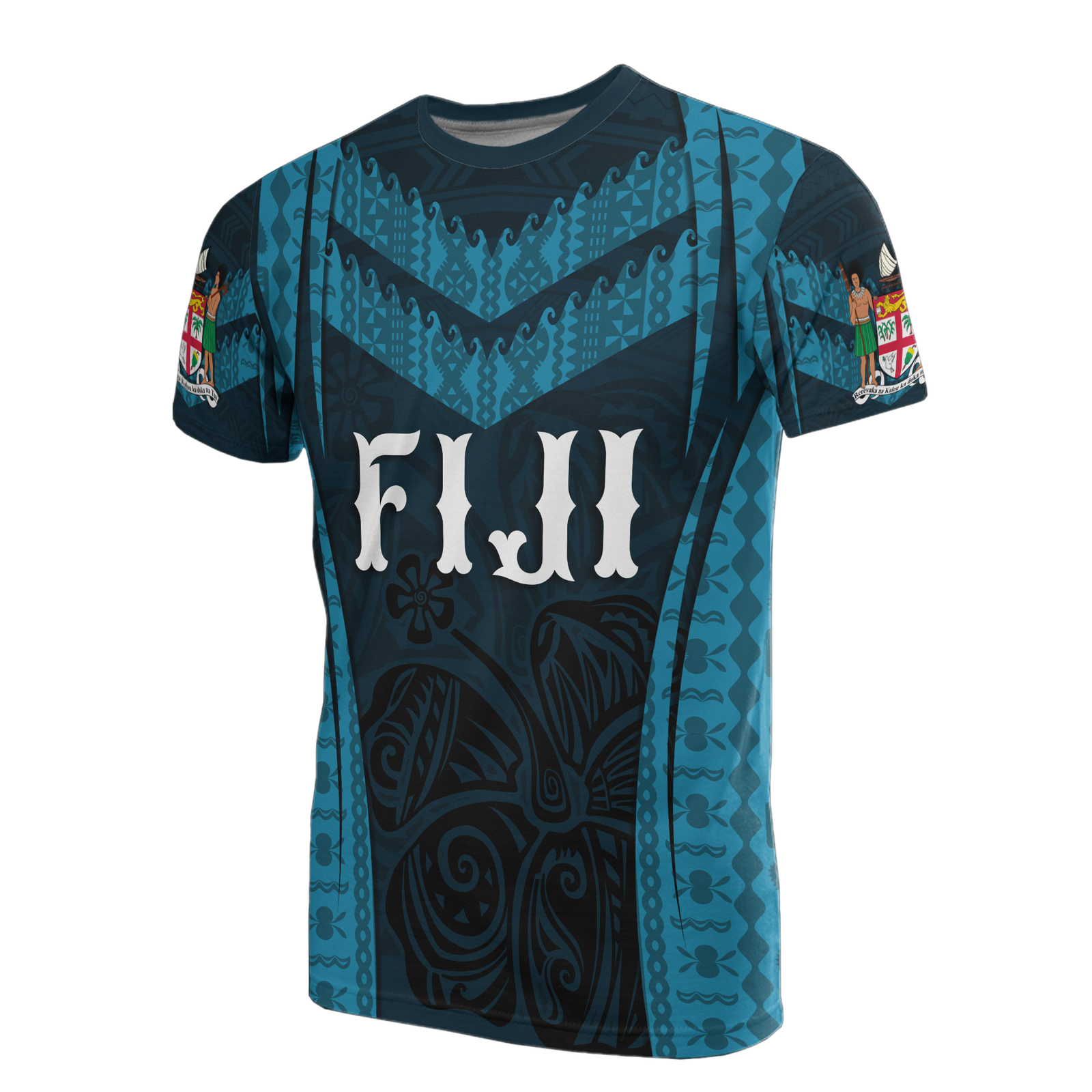 Fiji Taba T Shirt Fijian Coat of Arms Polynesian Hibiscus Unisex Blue - Polynesian Pride
