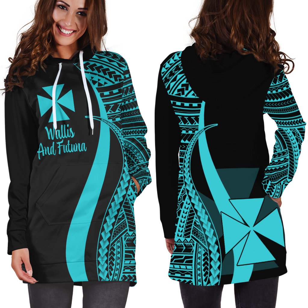 Wallis And Futuna Women's Hoodie Dress - Turquoise Polynesian Tentacle Tribal Pattern - Polynesian Pride