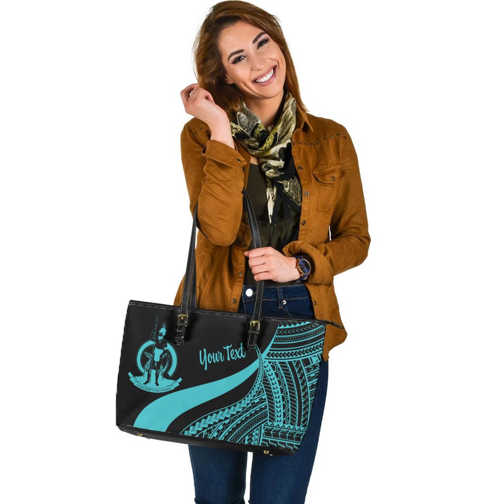Vanuatu Custom Personalised Large Leather Tote Bag - Turquoise Polynesian Tentacle Tribal Pattern - Polynesian Pride