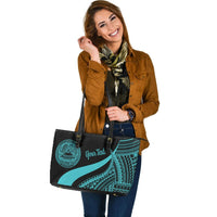 American Samoa Custom Personalised Large Leather Tote Bag - Turquoise Polynesian Tentacle Tribal Pattern - Polynesian Pride