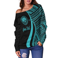 Federated States of Micronesia Custom Personalised Women's Off Shoulder Sweater - Turquoise Polynesian Tentacle Tribal Pattern - Polynesian Pride