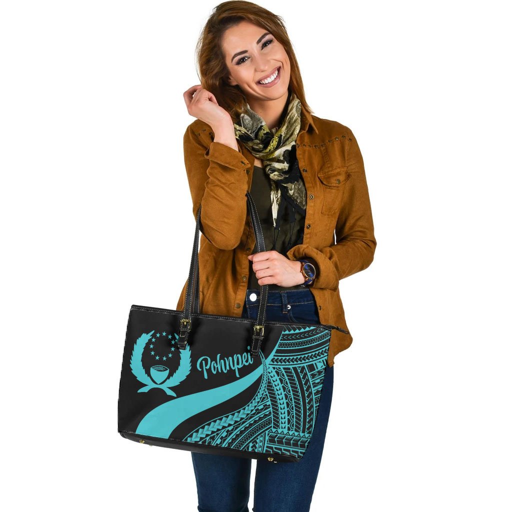 Pohnpei Large Leather Tote Bag - Turquoise Polynesian Tentacle Tribal Pattern - Polynesian Pride