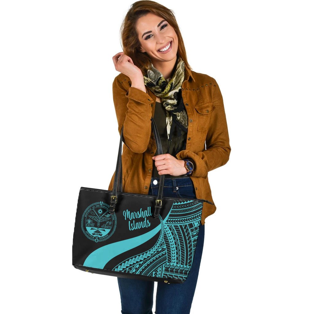 Marshall Islands Large Leather Tote Bag - Turquoise Polynesian Tentacle Tribal Pattern Crest - Polynesian Pride
