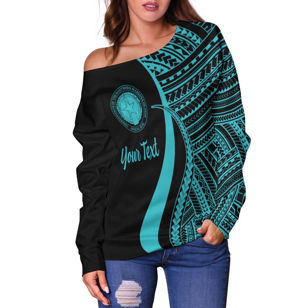 Northern Mariana Islands Custom Personalised Women's Off Shoulder Sweater - Turquoise Polynesian Tentacle Tribal Pattern - Polynesian Pride