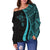 Fiji Women's Off Shoulder Sweater - Turquoise Polynesian Tentacle Tribal Pattern Crest - Polynesian Pride