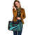 Guam Large Leather Tote Bag - Turquoise Polynesian Tentacle Tribal Pattern - Polynesian Pride