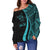 Fiji Custom Personalised Women's Off Shoulder Sweater - Turquoise Polynesian Tentacle Tribal Pattern Crest - Polynesian Pride