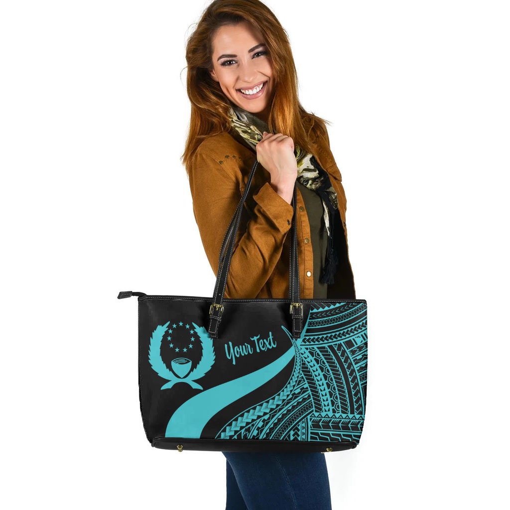 Pohnpei Custom Personalised Large Leather Tote Bag - Turquoise Polynesian Tentacle Tribal Pattern - Polynesian Pride