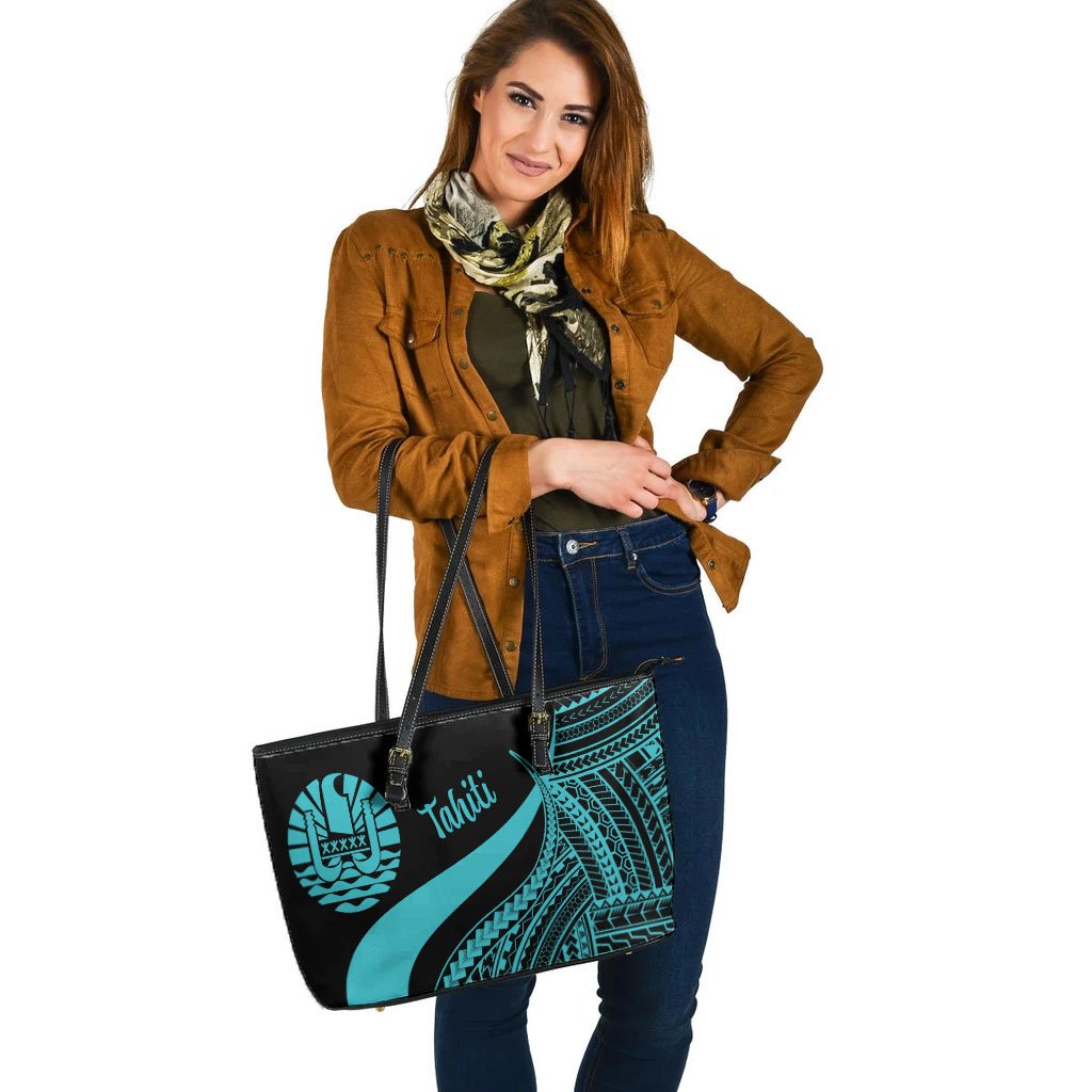 Tahiti Large Leather Tote Bag - Turquoise Polynesian Tentacle Tribal Pattern - Polynesian Pride