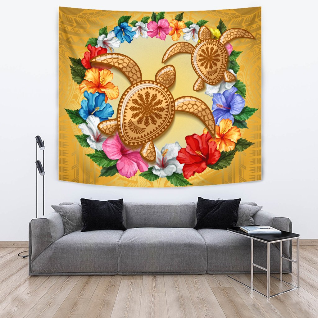 Hawaii Turtle Hibiscus Wreath Polynesian Tapestry - Crown Style - AH Wall Tapestry Gold - Polynesian Pride