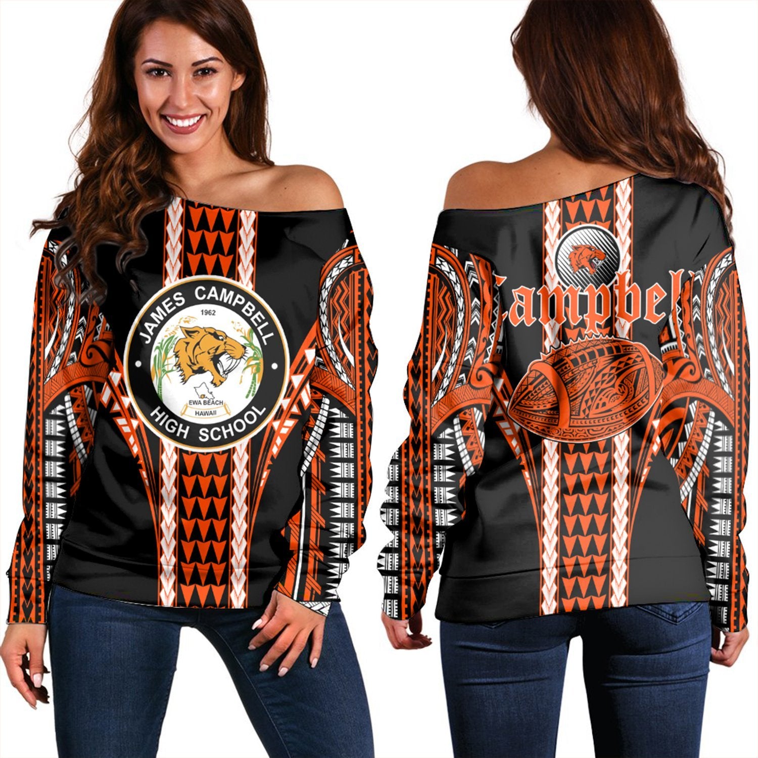 Hawaii - Campbell High Football Jersey Women's Off Shoulder Sweater - AH Orange - Polynesian Pride