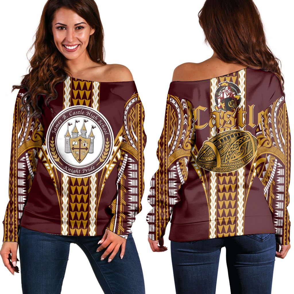 Hawaii - Castle High Football Jersey Women's Off Shoulder Sweater - AH Burgundy - Polynesian Pride