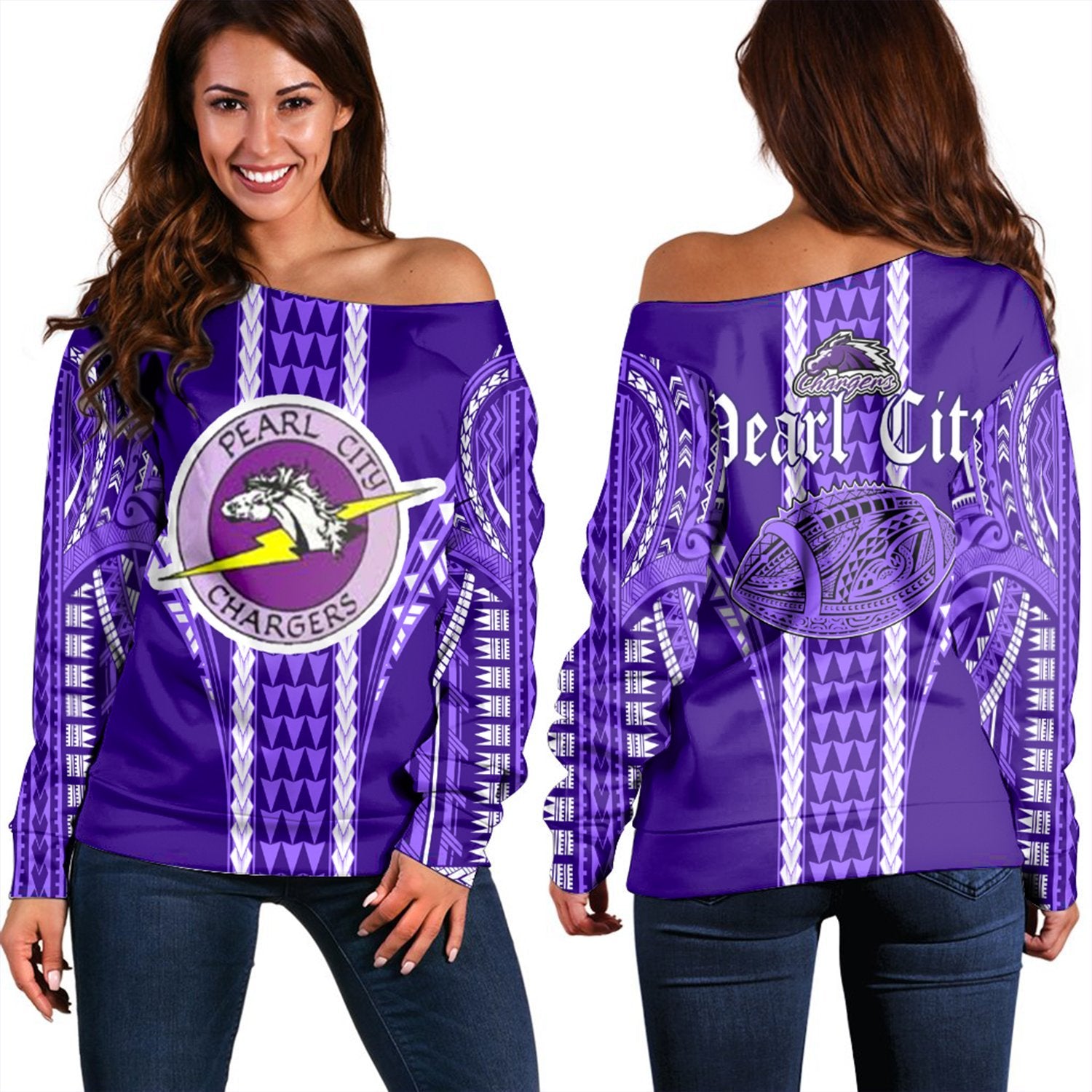 Hawaii - Pearl City High Football Jersey Women's Off Shoulder Sweater - AH Purple - Polynesian Pride