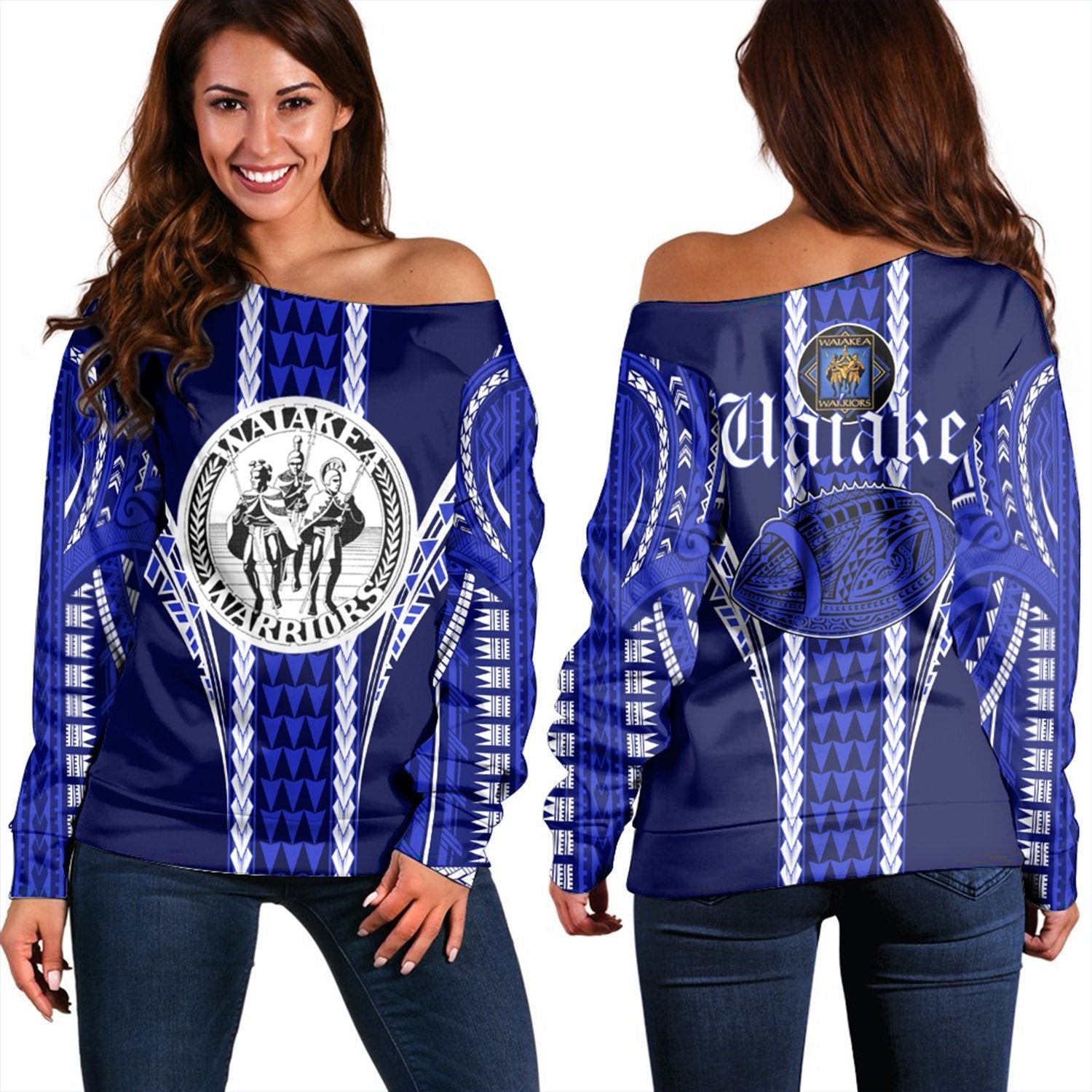 Hawaii - Waiakea High Football Jersey Women's Off Shoulder Sweater - AH Blue - Polynesian Pride