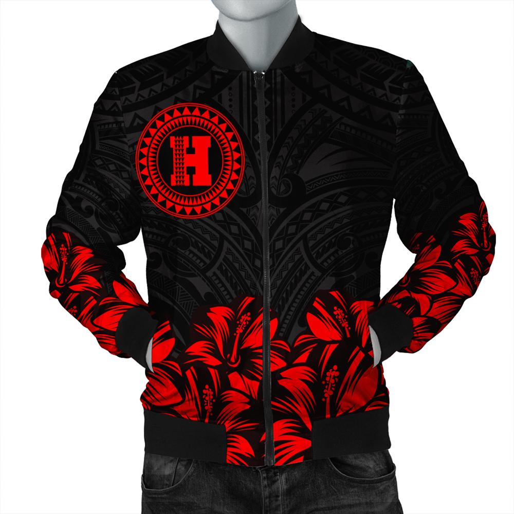 Hawaii Map Hibiscus Polynesian Bomber Jacket - Lithe Style - AH Red Unisex - Polynesian Pride