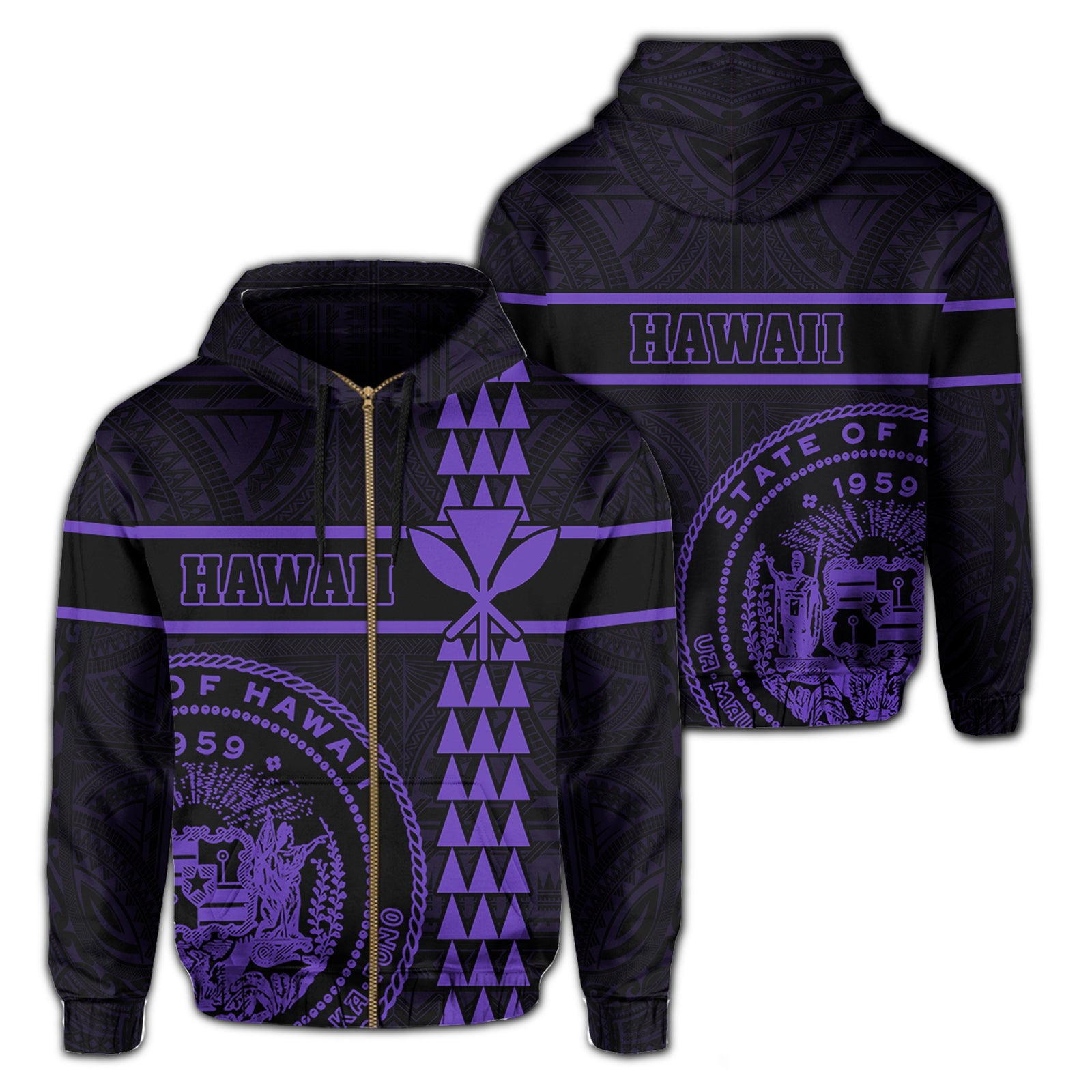 Polynesian Kakau Kanaka Seal of Hawaii Zip Hoodie Purple Unisex Purple - Polynesian Pride