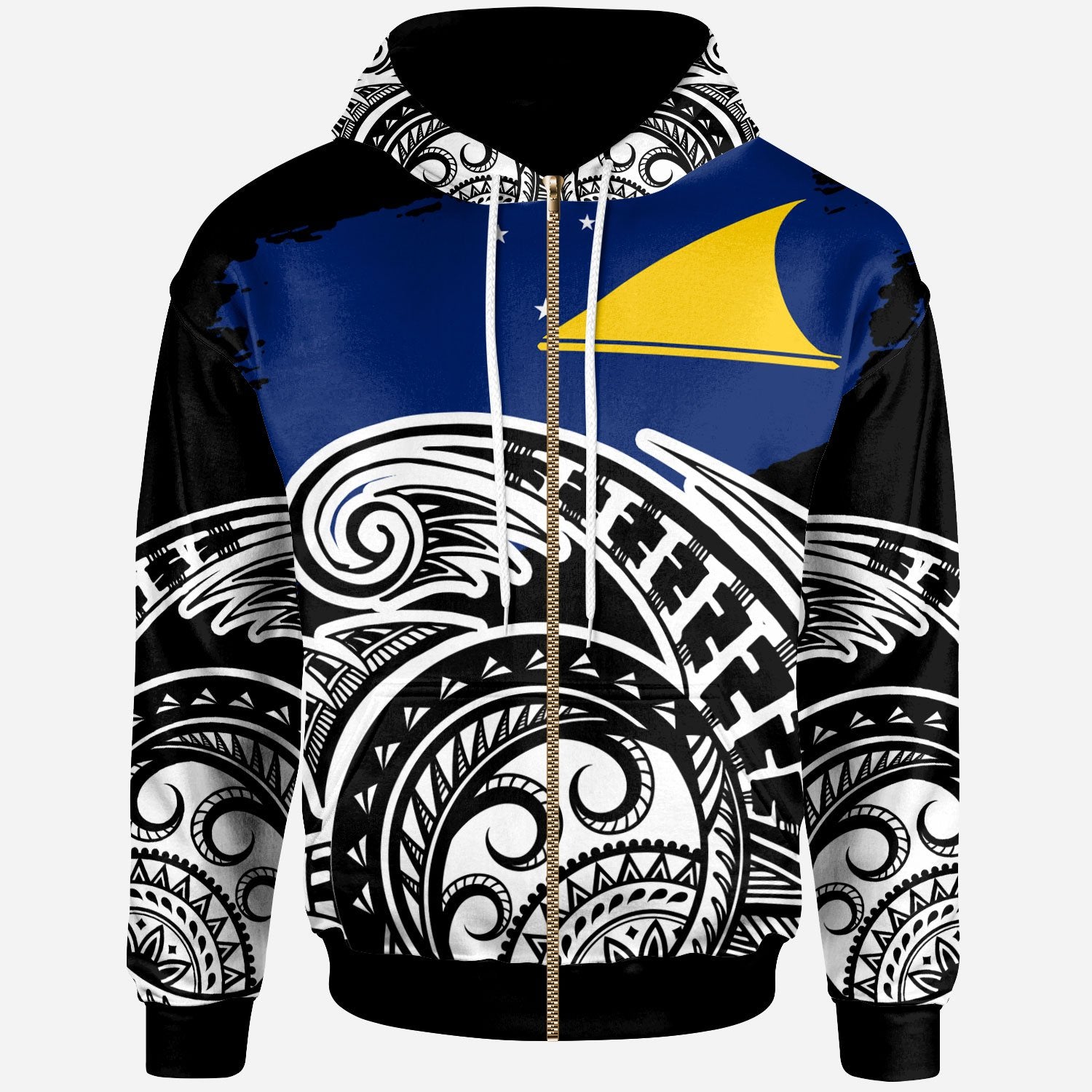 Tokelau Custom Zip Hoodie Ethnic Style With Round Black White Pattern Unisex Black - Polynesian Pride