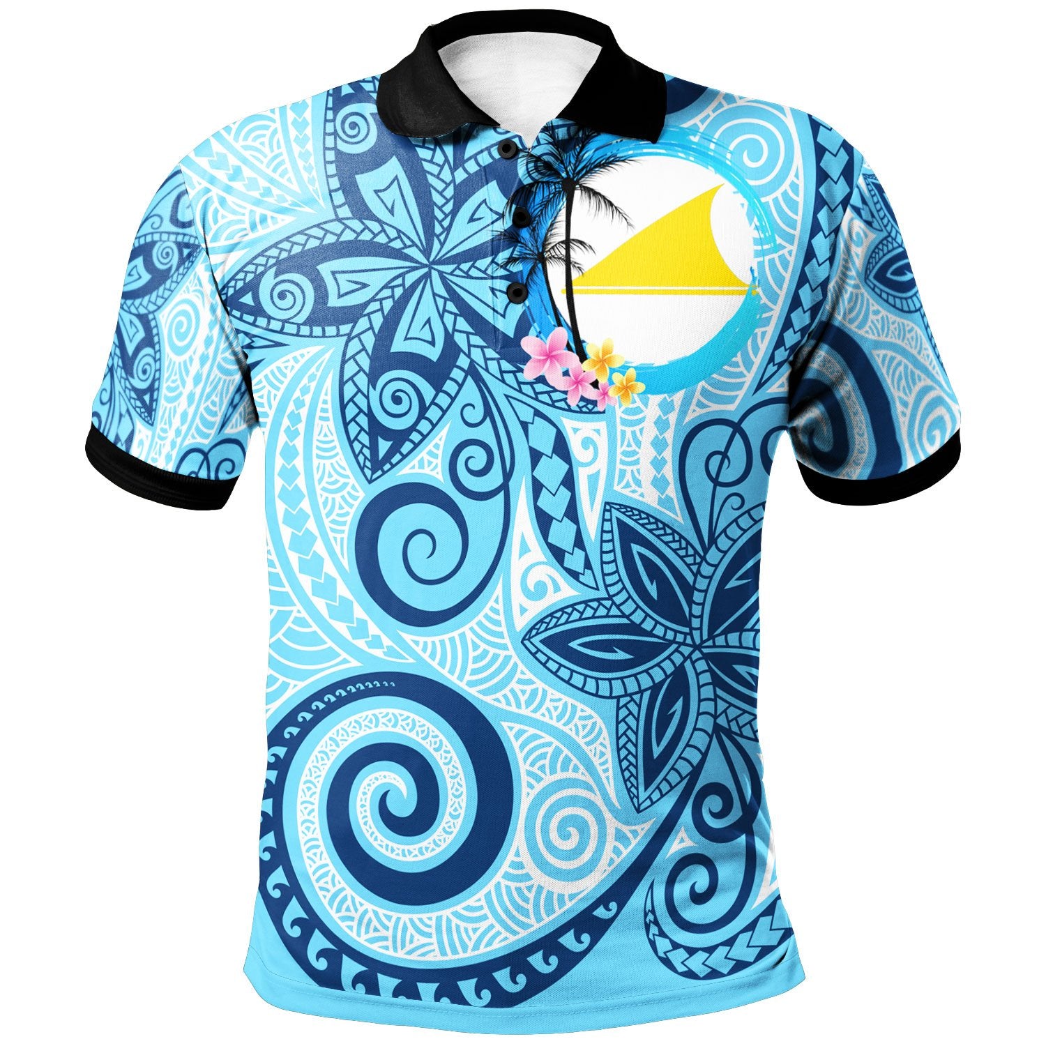 Tokelau Polo Shirt Tribal Plumeria Pattern Unisex Blue - Polynesian Pride