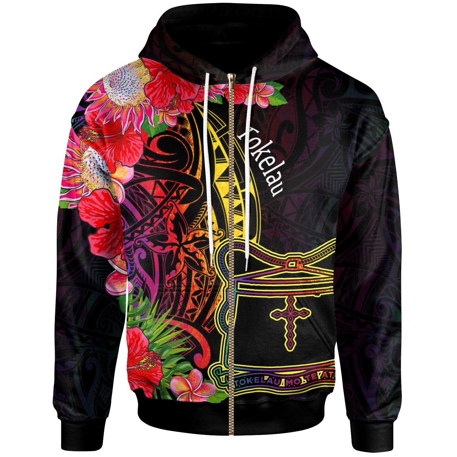 Tokelau Zip Hoodie Tropical Hippie Style Unisex Black - Polynesian Pride