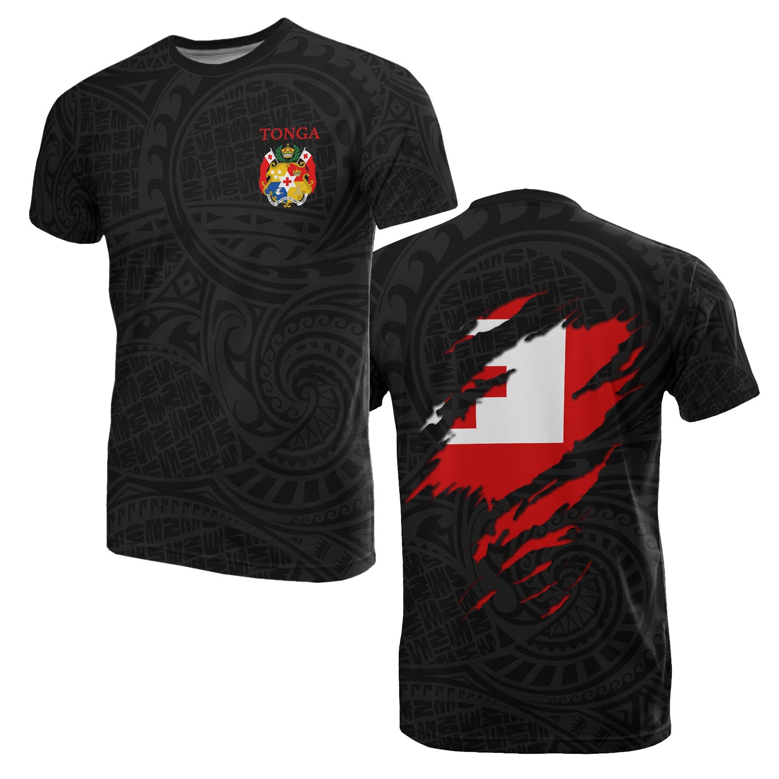 Tonga All Over Print T Shirt Tonga Flag Coat of Arms Unisex Black - Polynesian Pride