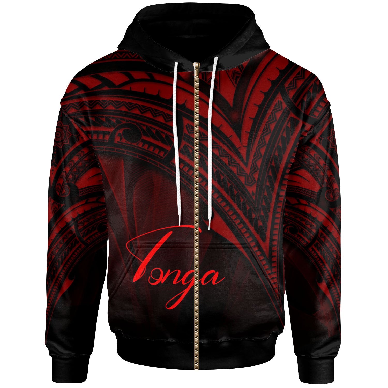 Tonga Zip Hoodie Red Color Cross Style Unisex Black - Polynesian Pride