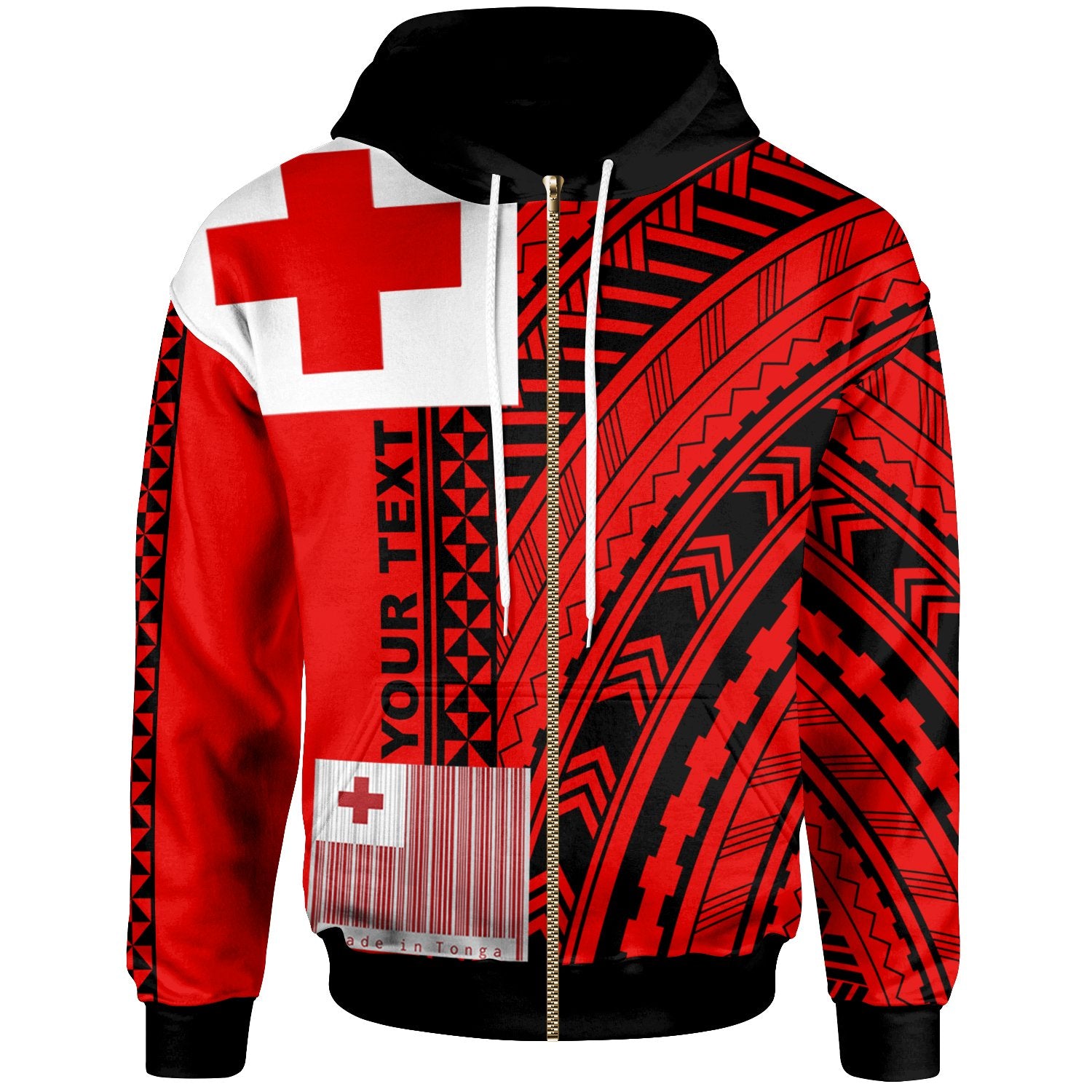 Tonga Custom Zip up Hoodie Unique Barcode Black Red Unisex Red - Polynesian Pride