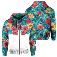 Tropical Hibiscus Hawaii Zip Hoodie White Unisex White - Polynesian Pride