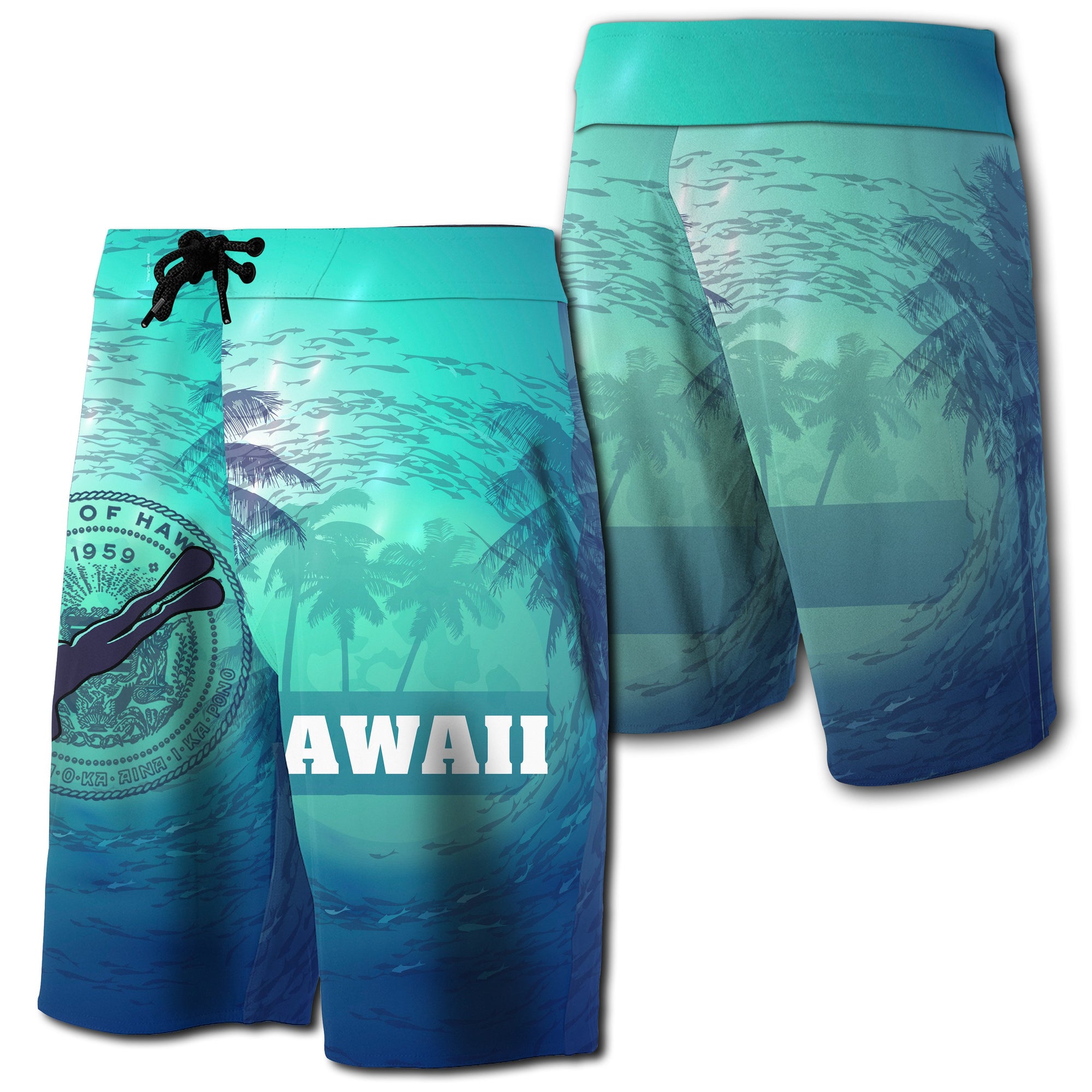 Hawaii Dive Coat Of Arm Board Short Men Blue - Polynesian Pride