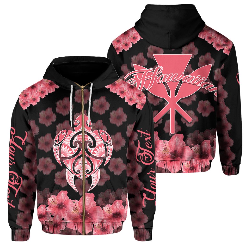 Custom Kanaka Turtle Hibiscus Hoodie Zip Black Pink Unisex Black - Polynesian Pride