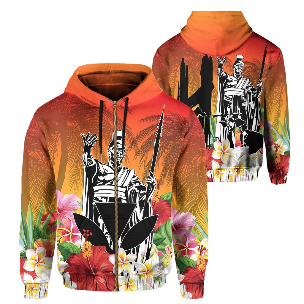 Hawaii Summer King Hibiscus Plumeria Hoodie (Zip up) Unisex Orange - Polynesian Pride