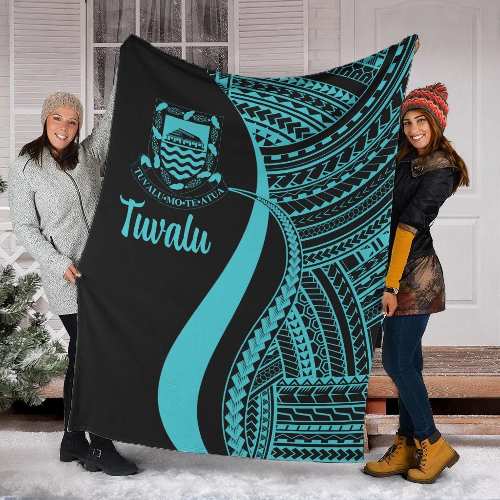 Tuvalu Premium Blanket - Turquoise Polynesian Tentacle Tribal Pattern White - Polynesian Pride