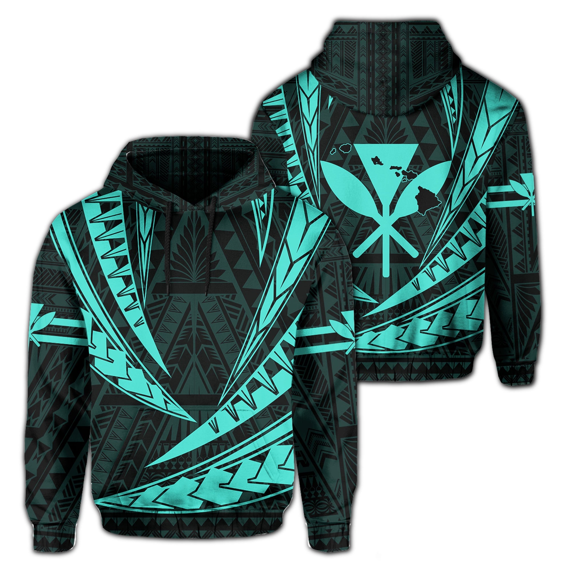 Polynesian Kakau Kanaka Maoli Map Hawaii Hoodie Turquoise Unisex Blue - Polynesian Pride