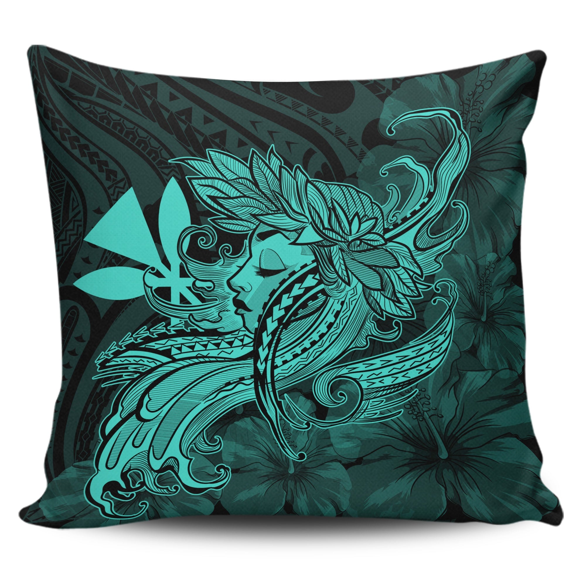 Hula Girl Hibiscus Kanaka Poly Pillow Covers - Turquoise 18'' x 18'' Set Of 1 Turquoise - Polynesian Pride