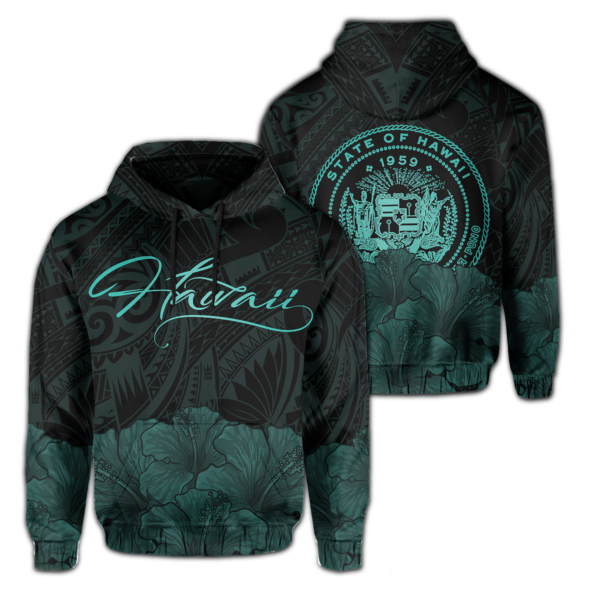 Polynesian Hibiscus Seal of Hawaii Hoodie Turquoise Unisex Turquoise - Polynesian Pride