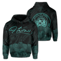 Polynesian Hibiscus Seal of Hawaii Hoodie Turquoise Unisex Turquoise - Polynesian Pride