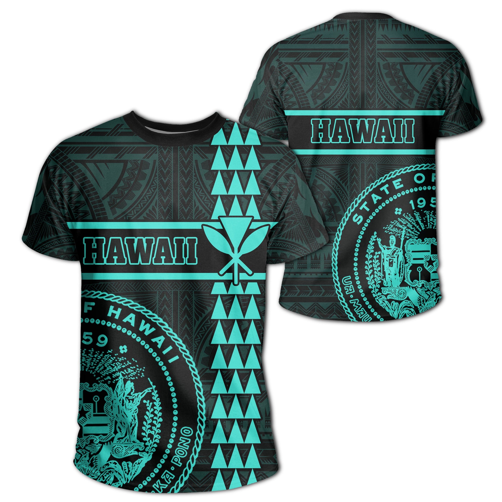 Hawaii Coat of Arms Kanaka Polynesian T Shirt Turquoise Unisex Turquoise - Polynesian Pride