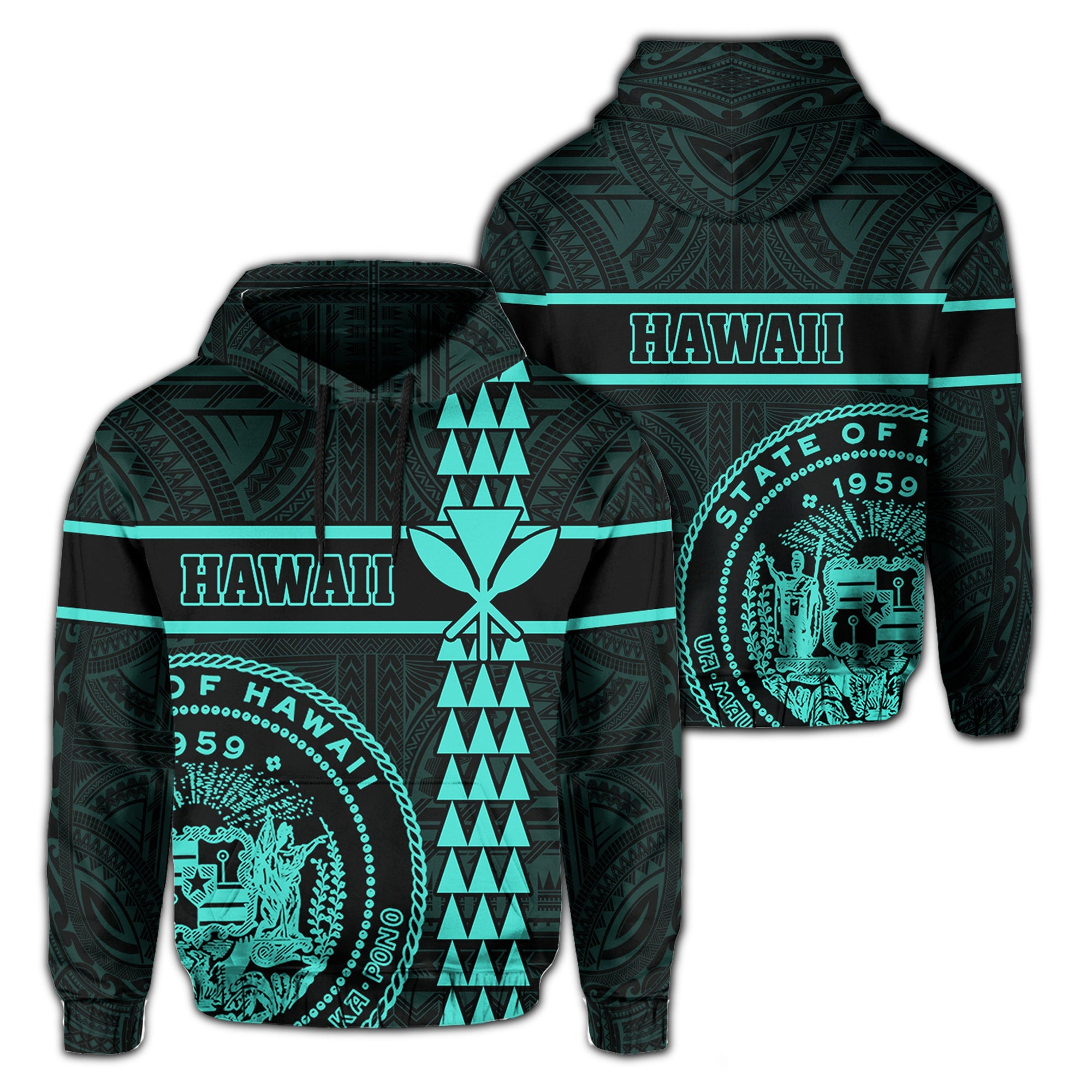 Polynesian Kakau Kanaka Seal of Hawaii Hoodie Turquoise Unisex Turquoise - Polynesian Pride