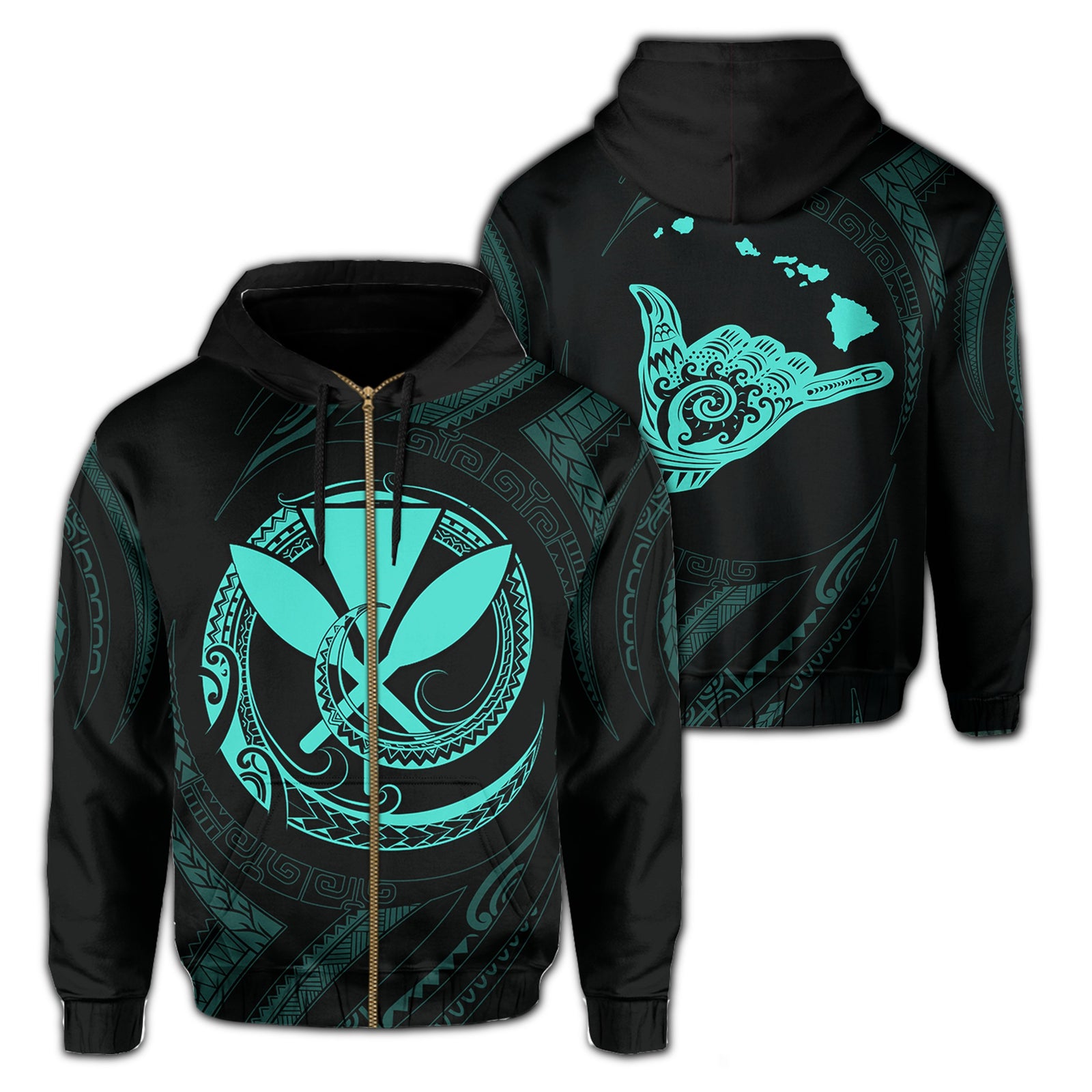 Polynesian Kanaka Shaka Map of Hawaii Zip Hoodie Turquoise Unisex Turquoise - Polynesian Pride
