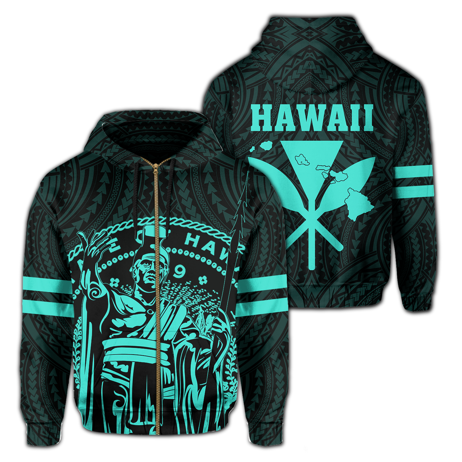 Polynesian King Kanaka Map Seal of Hawaii Zip Hoodie Turquoise Unisex Turquoise - Polynesian Pride